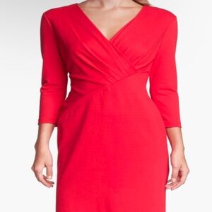 Lafayette 148 Coral Red Orange Pleated Faux Wrap Sheath Dress